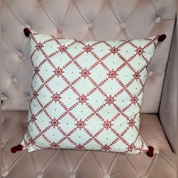 Enchanté Accessories White Red Embroidered Snowflakes Rhinestones Pompom Pillow - Picture 8 of 12